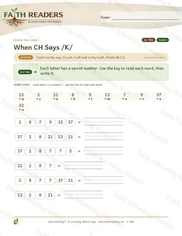 4th Grade phonics worksheet — Ch As K — Crack The Code (Practice 1)