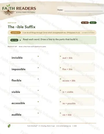 5th Grade vocabulary & word study worksheet — The Ible Suffix — Match Up (Practice 5)