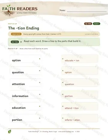 3rd Grade vocabulary & word study worksheet — The Tion Sion Suffix — Match Up (Practice 4)
