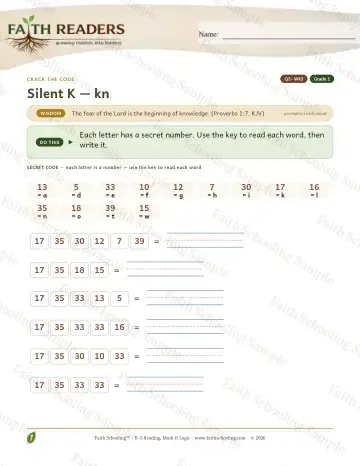 1st Grade phonics worksheet — Silent K Kn — Crack The Code (Practice 3)