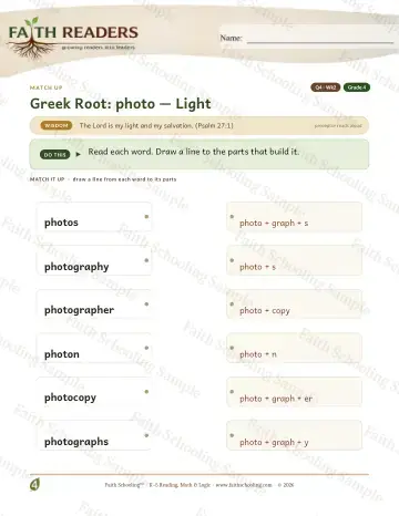 4th Grade vocabulary & word study worksheet — Greek Root Photo — Match Up (Practice 2)