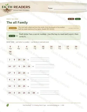 1st Grade phonics worksheet — The All Family — Crack The Code (Practice 1)