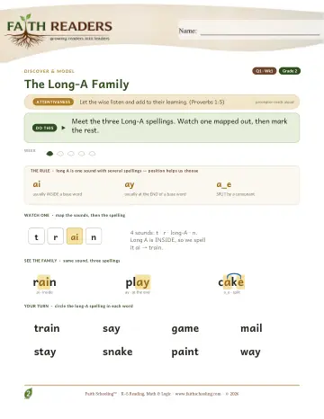 Grade 2 Phonics, Decoding & Spelling Patterns: Long A Family — worksheet preview