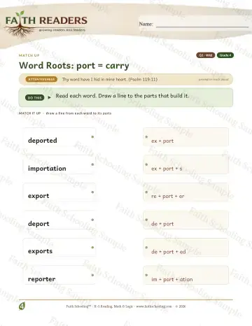 4th Grade phonics worksheet — Word Games & Puzzles. Q1 Word Roots Port Carry — Match Up (Practice 6)