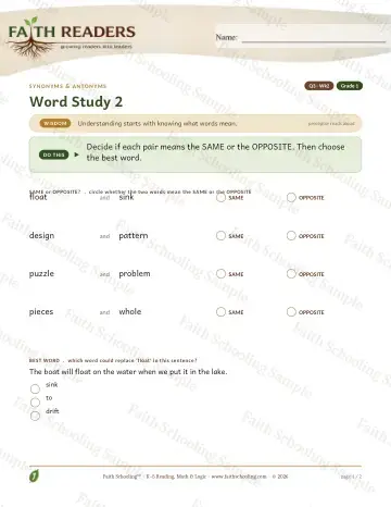 1st Grade vocabulary & word study worksheet — Vocabulary — Synonyms Antonyms (Practice 2) (Practice 4)