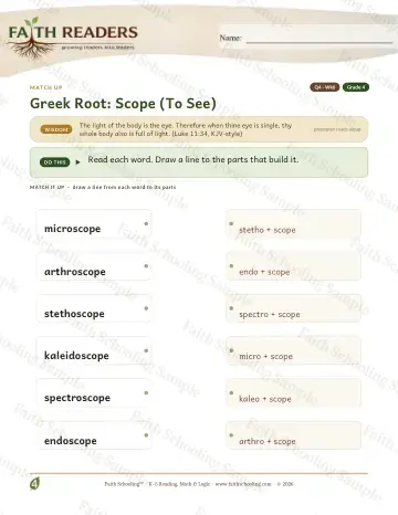 4th Grade vocabulary & word study worksheet — Greek Root Scope — Match Up (Practice 6)
