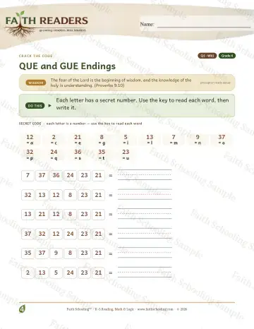 4th Grade phonics worksheet — Que Gue Endings — Crack The Code (Practice 1)