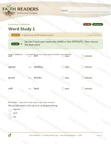 Kindergarten vocabulary & word study worksheet — Vocabulary — Synonyms Antonyms (Practice 1) (Practice 4)