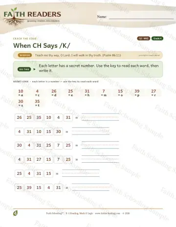 4th Grade phonics worksheet — Ch As K — Crack The Code (Practice 3)