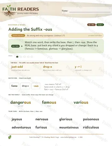 5th Grade vocabulary & word study worksheet — Adding The Suffix Ous — Lesson (Practice 1)