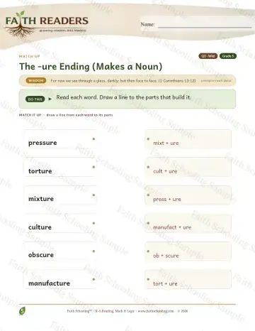 5th Grade vocabulary & word study worksheet — The Ure Suffix — Match Up (Practice 6)