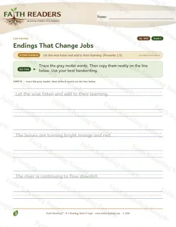 3rd Grade grammar & writing worksheet — Q1 Endings That Change Jobs — Copywork (Practice 3)