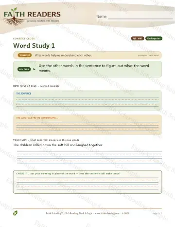 Kindergarten vocabulary & word study worksheet — Vocabulary — Context Clues (Practice 1) (Practice 4)