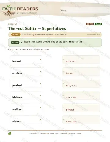 3rd Grade vocabulary & word study worksheet — The Est Suffix — Match Up (Practice 6)