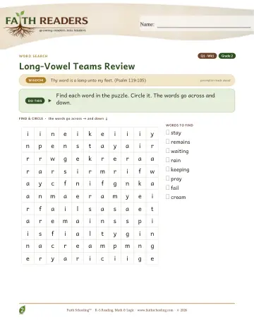 Long Vowel Teams Review — Word Search (Practice 1)