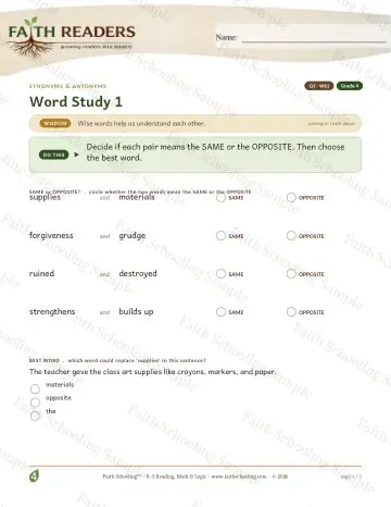 4th Grade vocabulary & word study worksheet — Vocabulary — Synonyms Antonyms (Practice 1) (Practice 4)