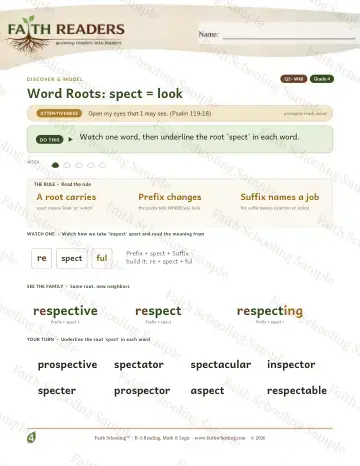 4th Grade vocabulary & word study worksheet — Word Roots Spect Look — Lesson (Practice 6)