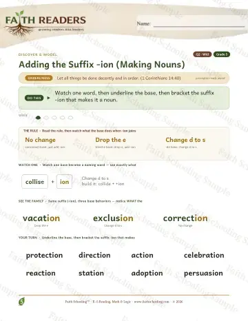 5th Grade vocabulary & word study worksheet — Adding The Suffix Ion Making Nouns — Lesson (Practice 3)
