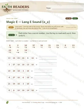 1st Grade phonics worksheet — Magic E: e-e - Crack The Code (Practice 2)