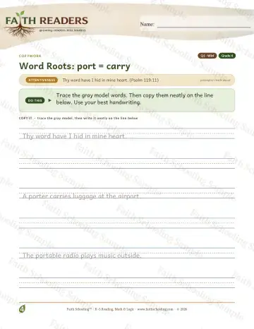 4th Grade grammar & writing worksheet — Q1 Word Roots Port Carry — Copywork (Practice 4)