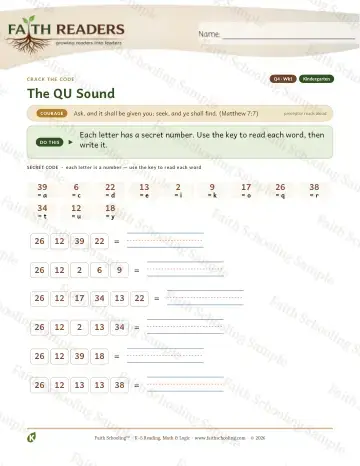 Kindergarten phonics worksheet — The QU Sound — Crack The Code (Practice 1)