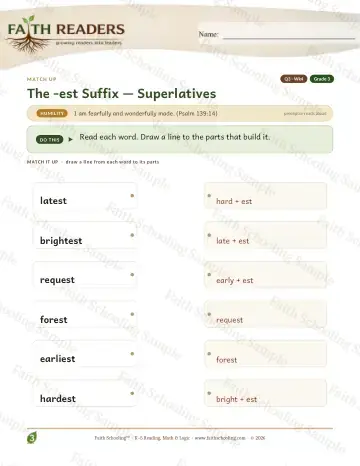 3rd Grade vocabulary & word study worksheet — The Est Suffix — Match Up (Practice 4)