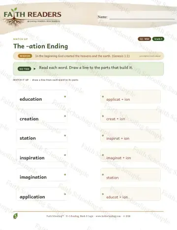 5th Grade vocabulary & word study worksheet — The Ation Suffix — Match Up (Practice 4)
