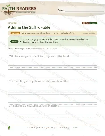 5th Grade grammar & writing worksheet — Q1 Adding The Suffix Able — Copywork (Practice 3)
