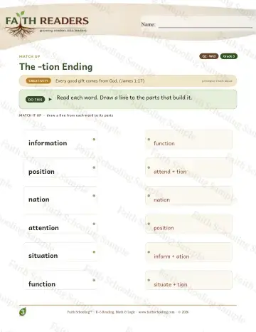 3rd Grade vocabulary & word study worksheet — The Tion Sion Suffix — Match Up (Practice 3)