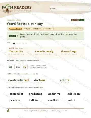 4th Grade vocabulary & word study worksheet — Word Roots Dict Say — Lesson (Practice 6)