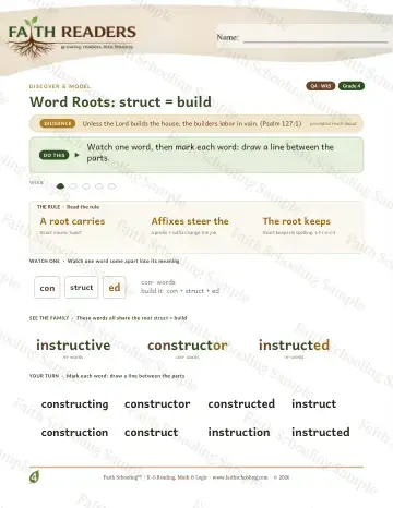 4th Grade vocabulary & word study worksheet — Word Roots Struct Build — Lesson (Practice 5)