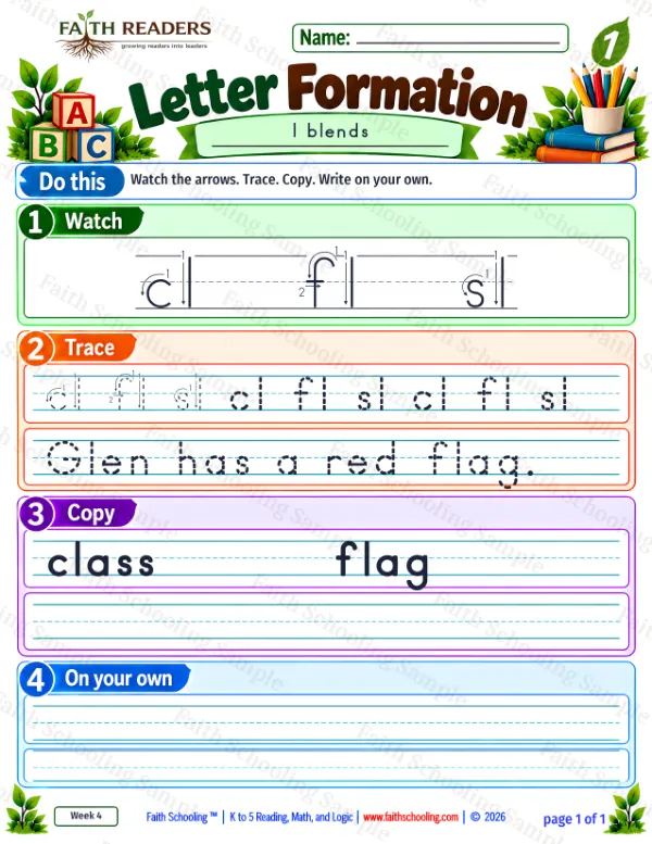 1st Grade grammar & writing worksheet — Letter Formation 4: cl, fl and sl