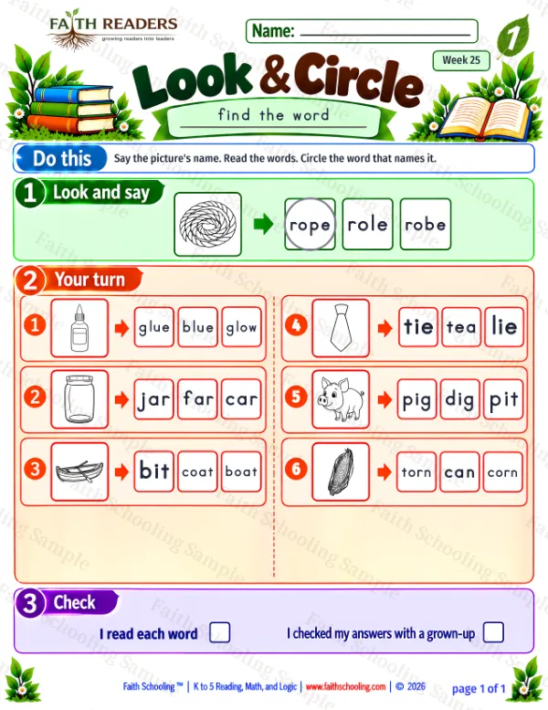 1st Grade phonics worksheet — Find & Circle Words. Look And Circle 8: glue, jar, boat and tie