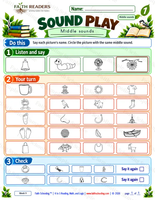 1st Grade phonics worksheet — Phonemic Awareness. Sound Play 9: bag, bat, bell and bib