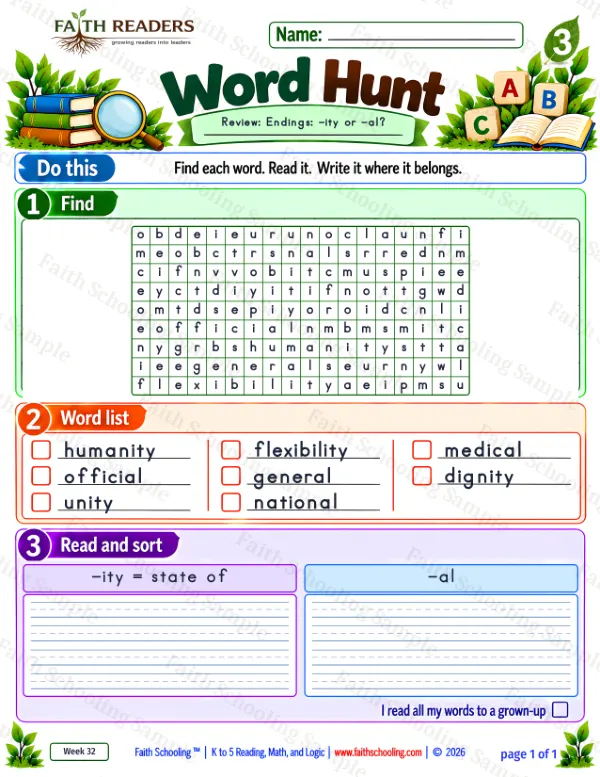3rd Grade vocabulary & word study worksheet — Suffix -ity. Word Hunt 3: -ity and -al