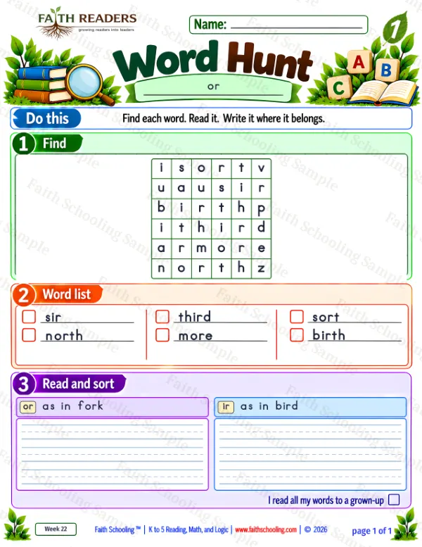 1st Grade phonics worksheet — Word Games & Puzzles. Word Hunt 3: or and ir