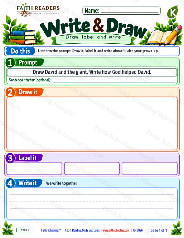 Kindergarten grammar & writing worksheet — Labeling. Write And Draw 9: Draw David and the giant.