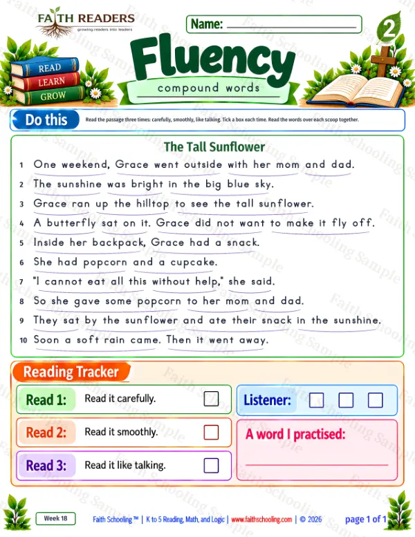 2nd Grade vocabulary & word study worksheet — Compound Words. Fluency 1: One weekend, Grace went outside with her mom and dad. (free printable)