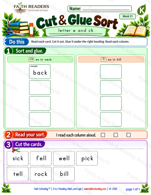 Kindergarten phonics worksheet — The CK Ending. Cut And Glue Sort 2: ck and ll
