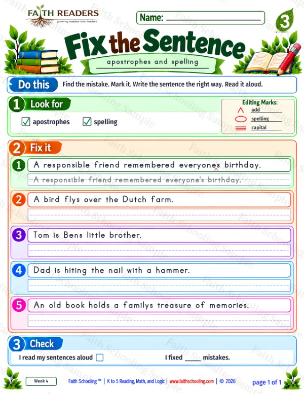 3rd Grade grammar & writing worksheet — Edit and Repair. Fix The Sentence 4: apostrophes and spelling