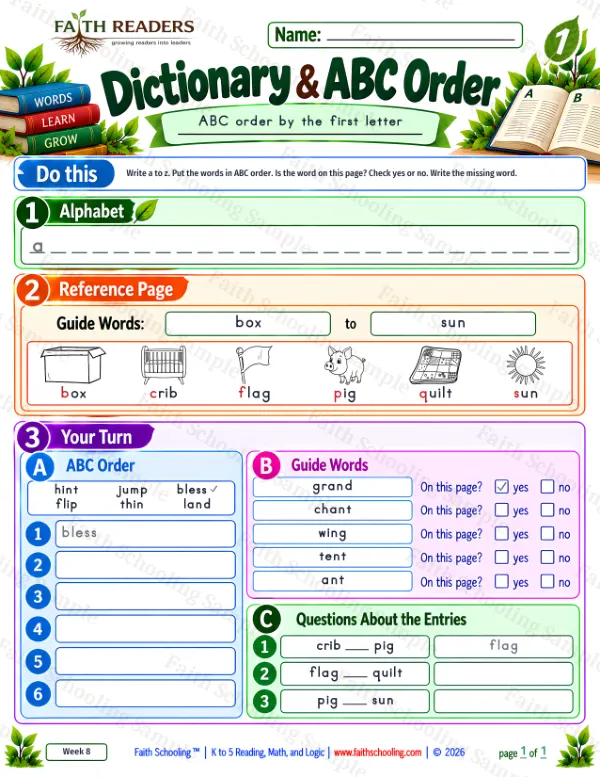 1st Grade phonics worksheet — Alphabetical Order & Picture Dictionary. Dictionary And ABC Order 8: box, crib, flag and pig