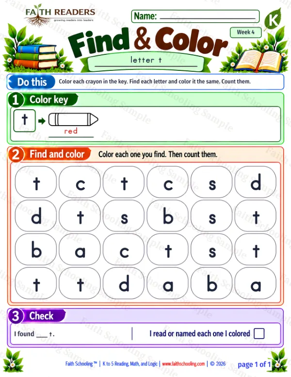 Kindergarten phonics worksheet — Find the Letter. Find And Color 6: t