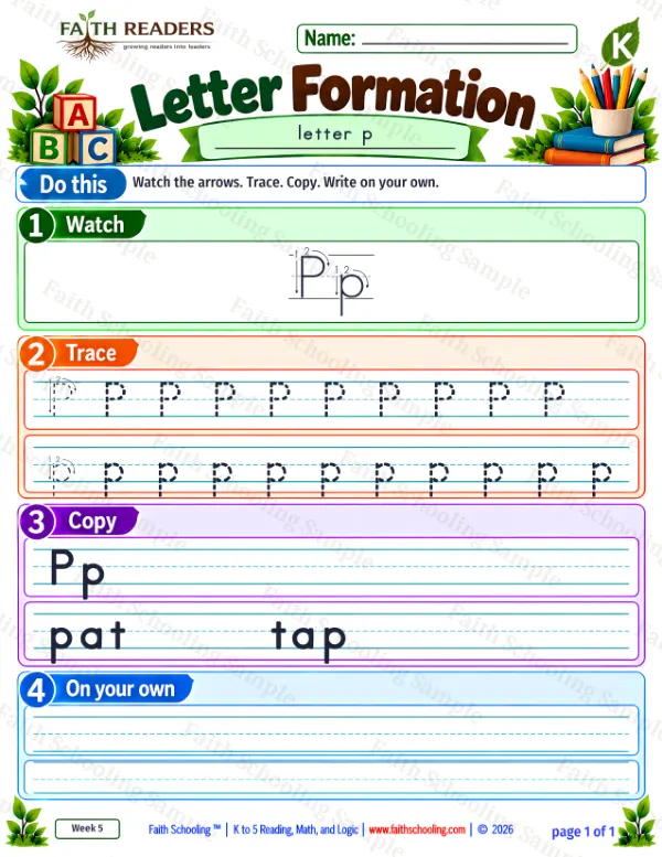 Kindergarten phonics worksheet — Letter Tracing and Printing. Letter Formation 4: p