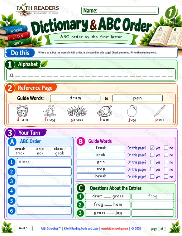 1st Grade phonics worksheet — Alphabetical Order & Picture Dictionary. Dictionary And ABC Order 5: drum, frog, grass and ham