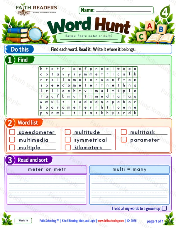 4th Grade vocabulary & word study worksheet — Greek Root: meter = measure. Word Hunt 3: meter or metr