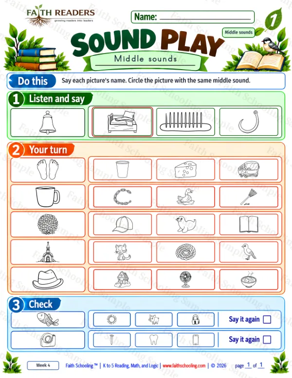 1st Grade phonics worksheet — Phonemic Awareness. Sound Play 4: bed, bell, bird and book
