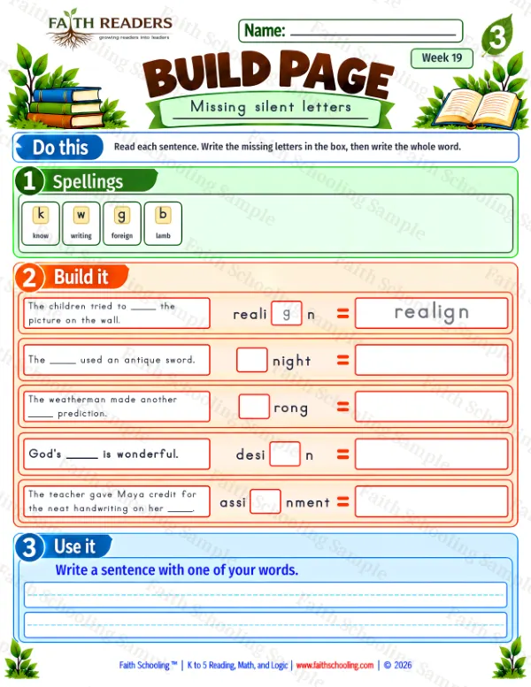 3rd Grade phonics worksheet — Build 2: Missing silent letters