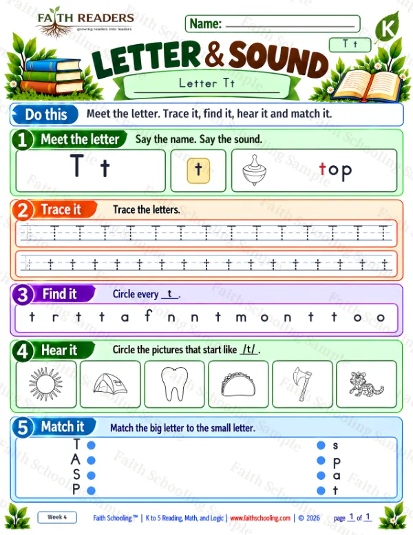 Kindergarten phonics worksheet — Letter Recognition. Letter Sound 3: the letter t (top)