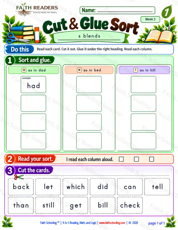 1st Grade phonics worksheet — Sounds That Blend. Cut And Glue Sort 2: a, e and i