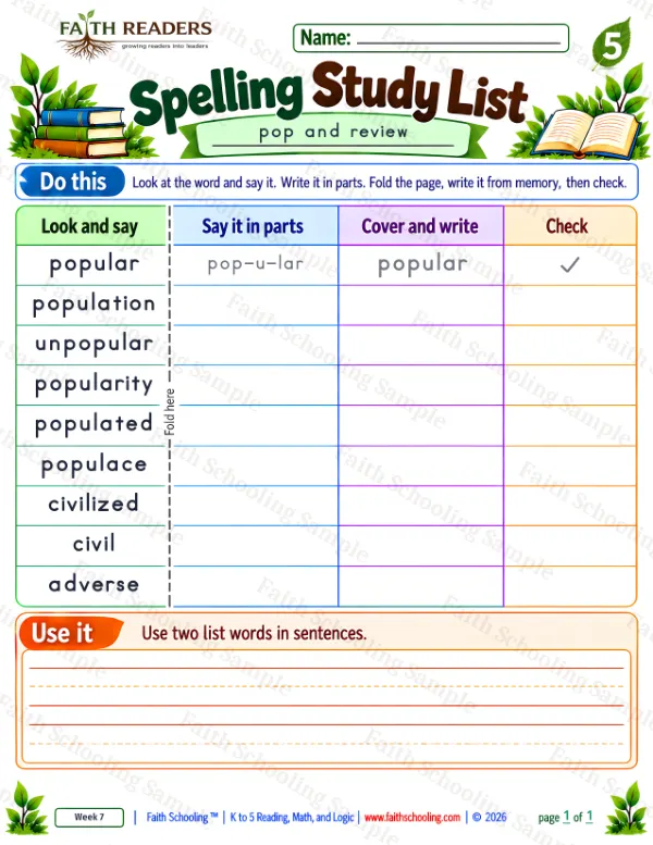 5th Grade phonics worksheet — Spelling Study List 6: popular, population, unpopular and popularity
